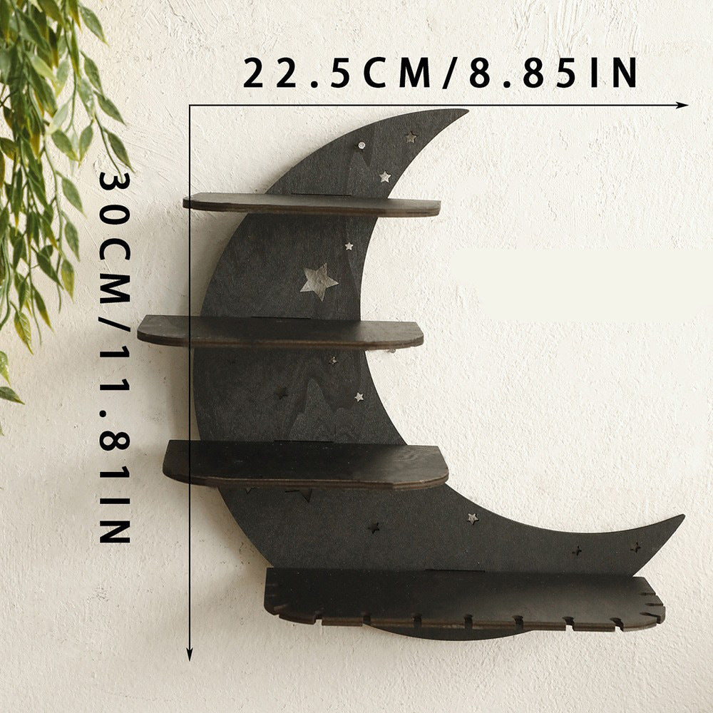 Black crescent moon wooden wall shelf for crystals and small decor