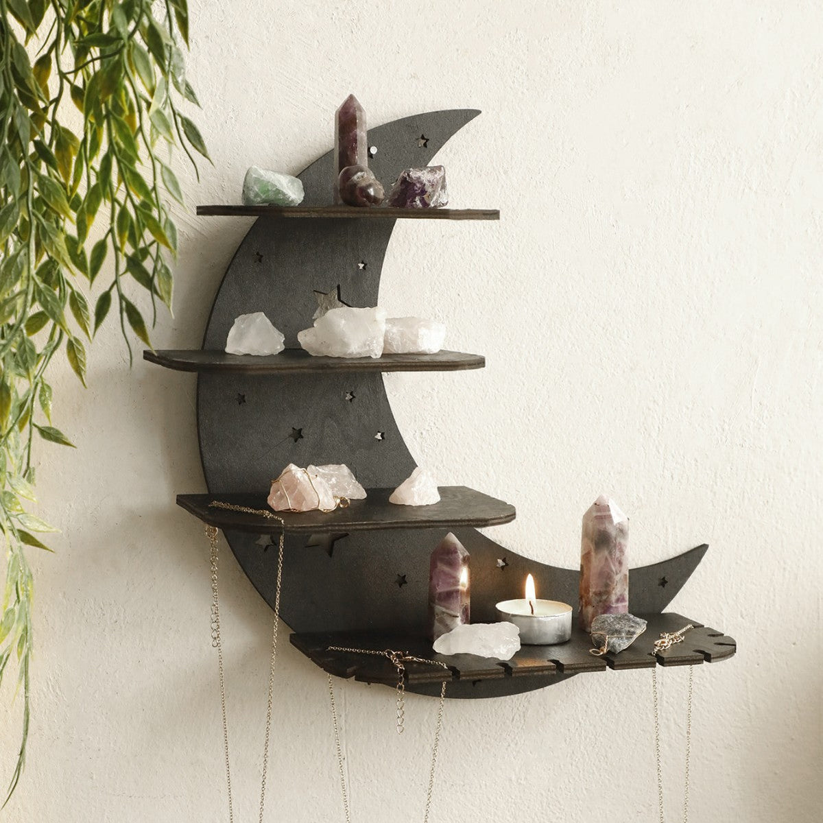 Black crescent moon wooden wall shelf for crystals and small decor