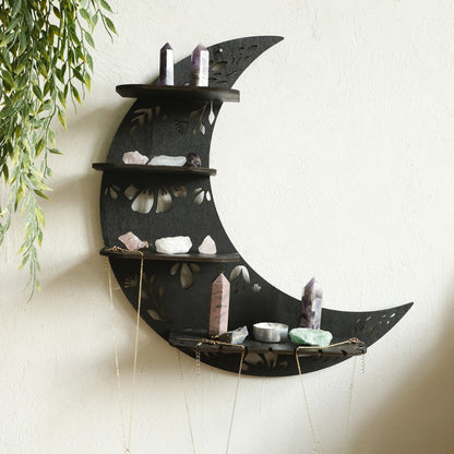 Black crescent moon wooden wall shelf for crystals and small decor