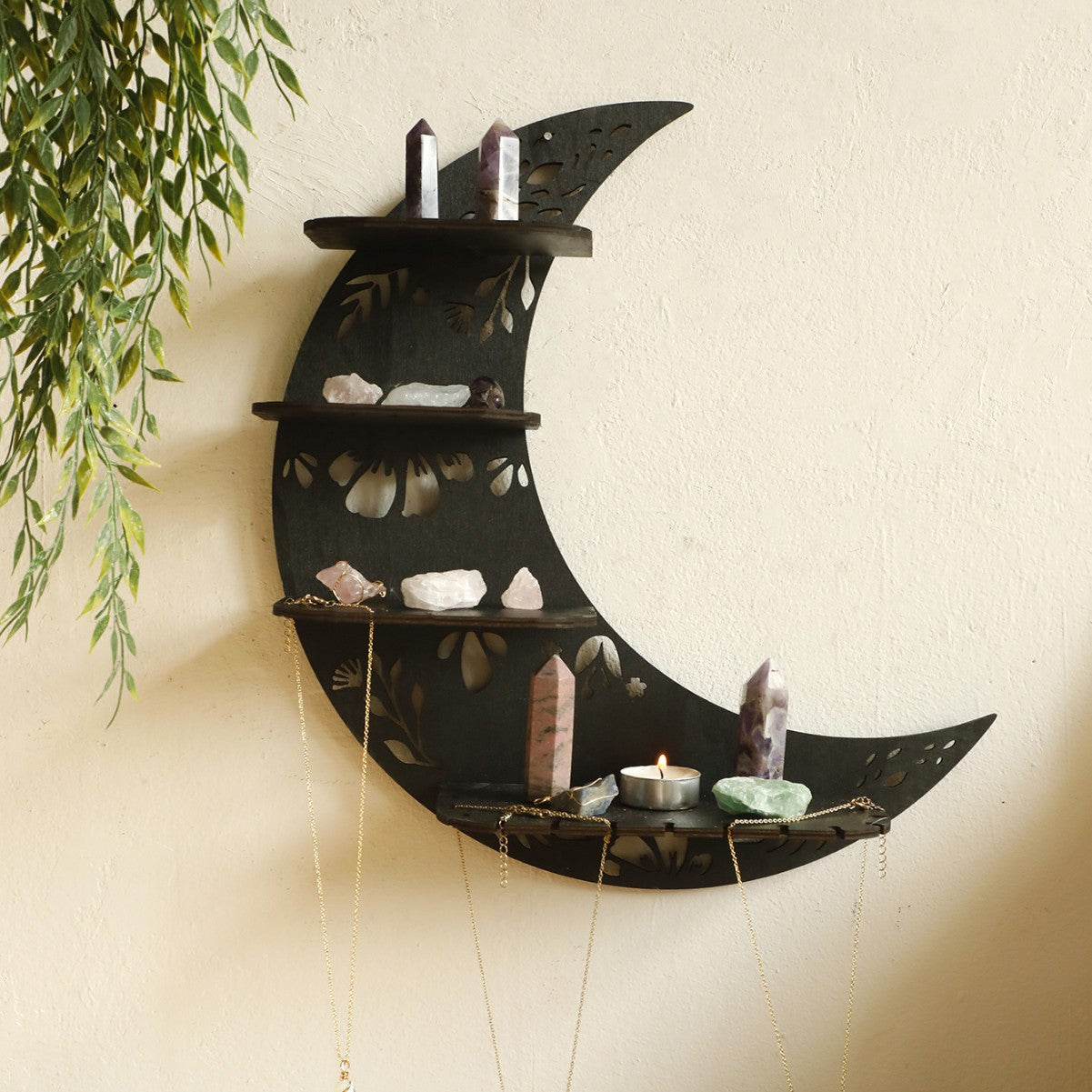 Black crescent moon wooden wall shelf for crystals and small decor