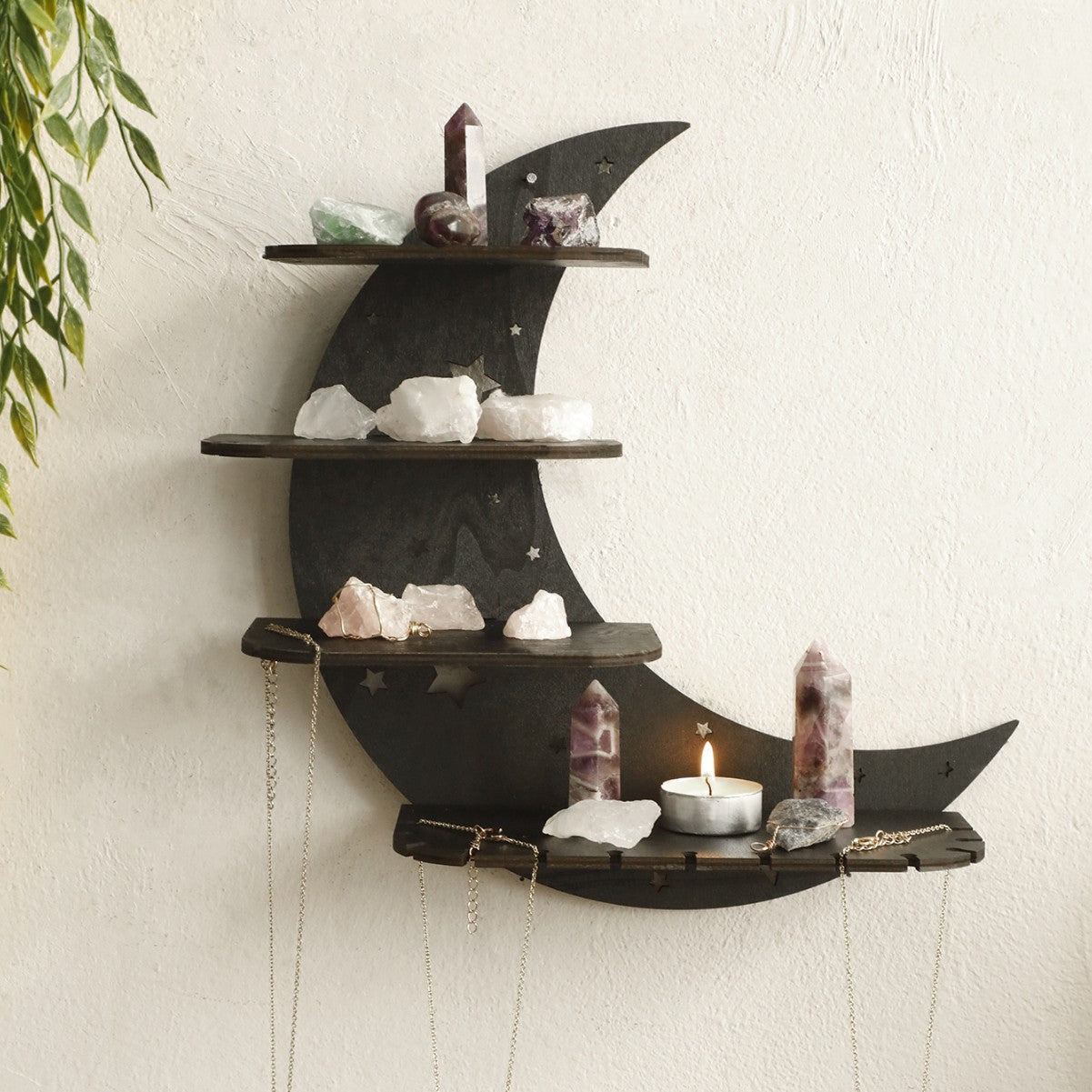 Black crescent moon wooden wall shelf for crystals and small decor