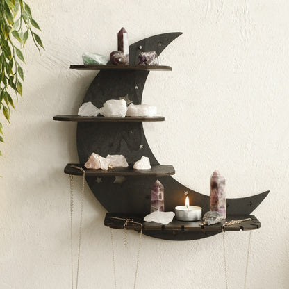 Black crescent moon wooden wall shelf for crystals and small decor