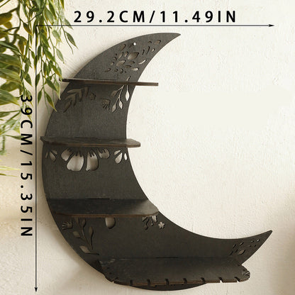 Black crescent moon wooden wall shelf for crystals and small decor