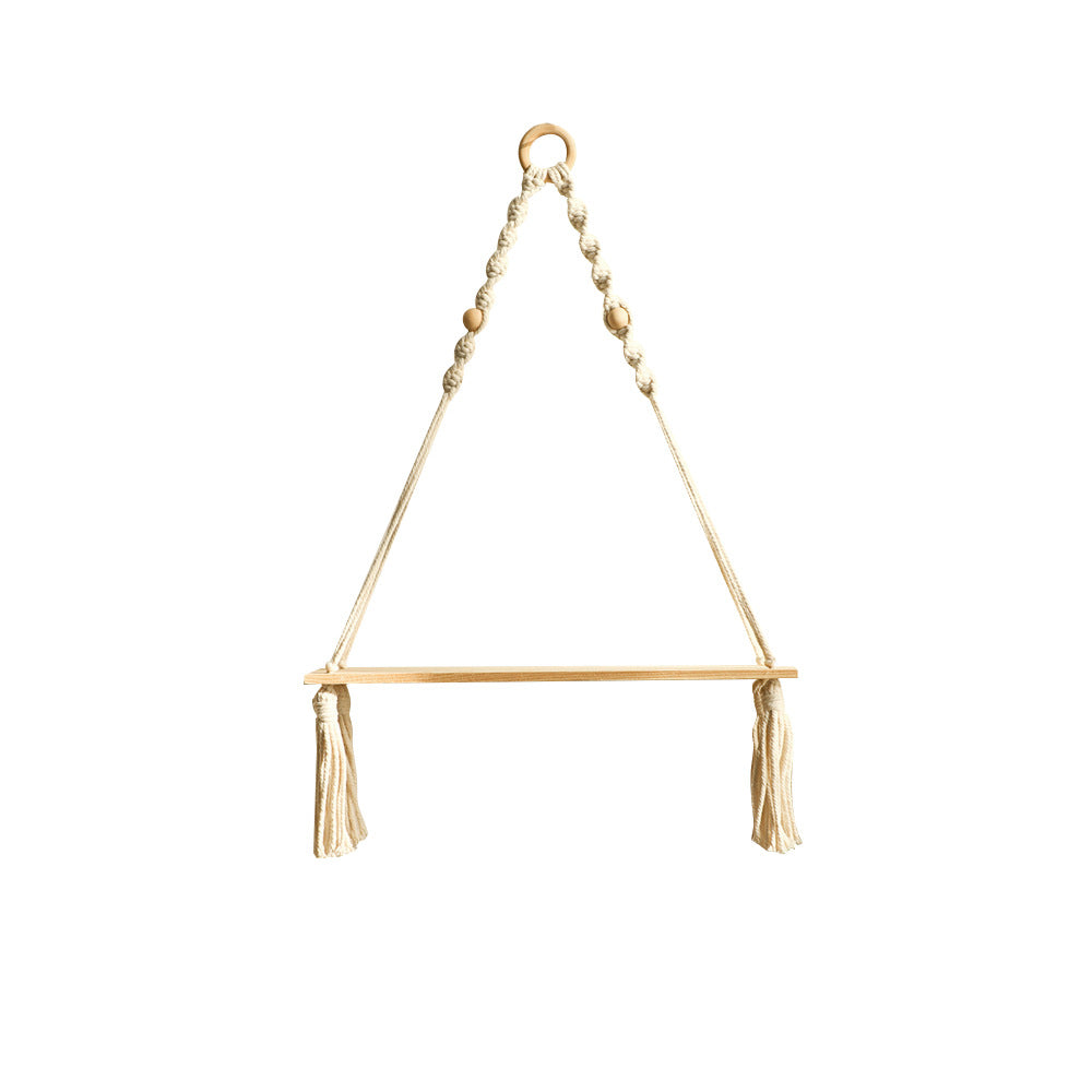 Boho macrame hanging wall shelf with wood beads and tassel