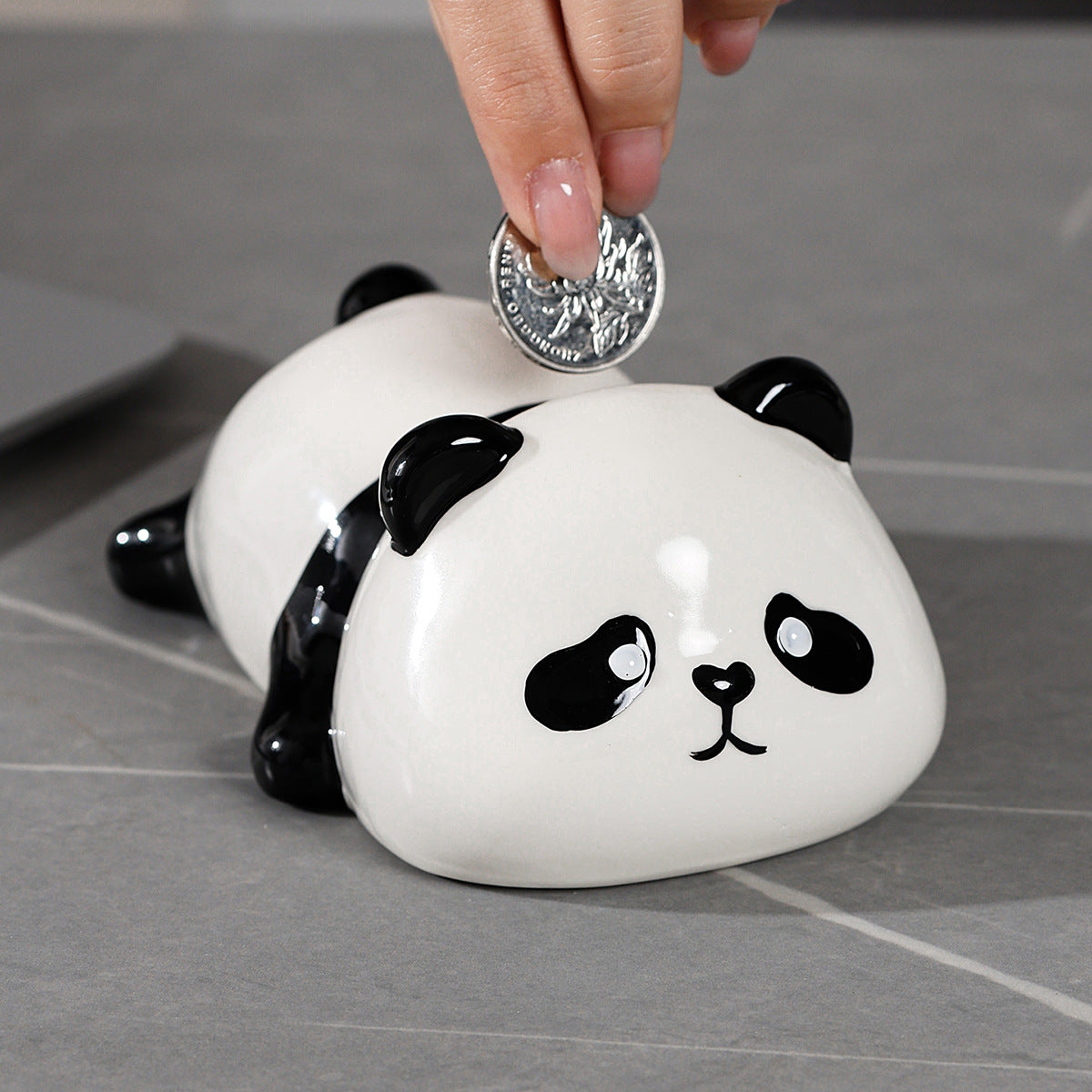 Cute Panda Ceramic Piggy Bank with Removable Coin Stopper - Lying Panda