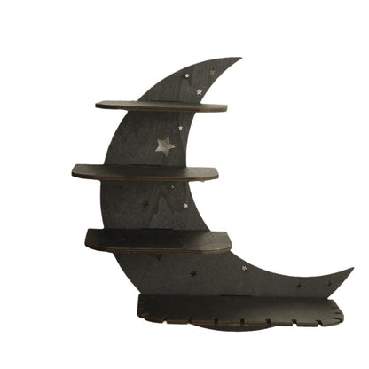 Black crescent moon wooden wall shelf for crystals and small decor