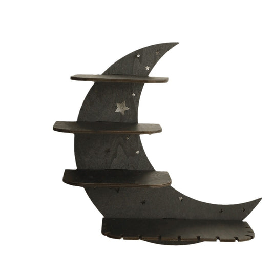 Black crescent moon wooden wall shelf for crystals and small decor