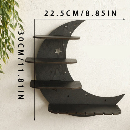 Black crescent moon wooden wall shelf for crystals and small decor