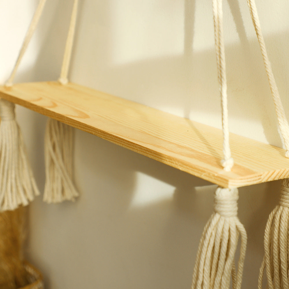 Boho macrame hanging wall shelf with wood beads and tassel