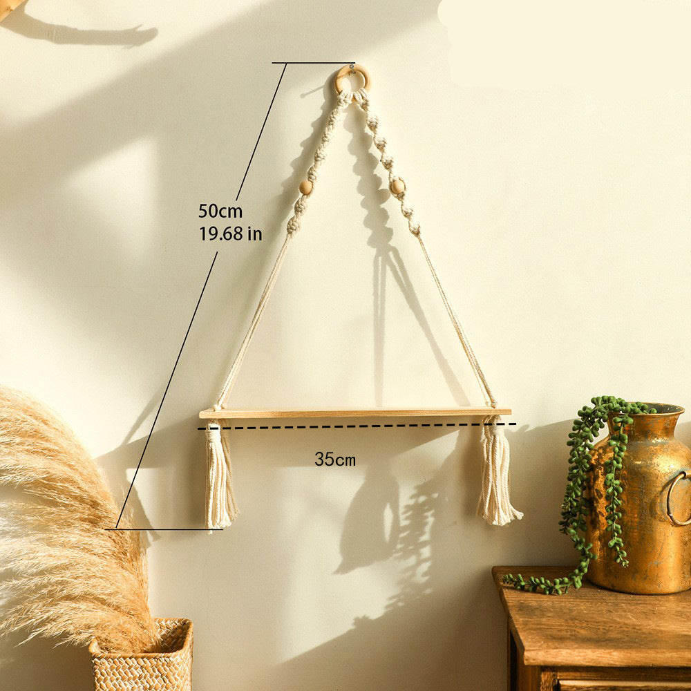 Boho macrame hanging wall shelf with wood beads and tassel