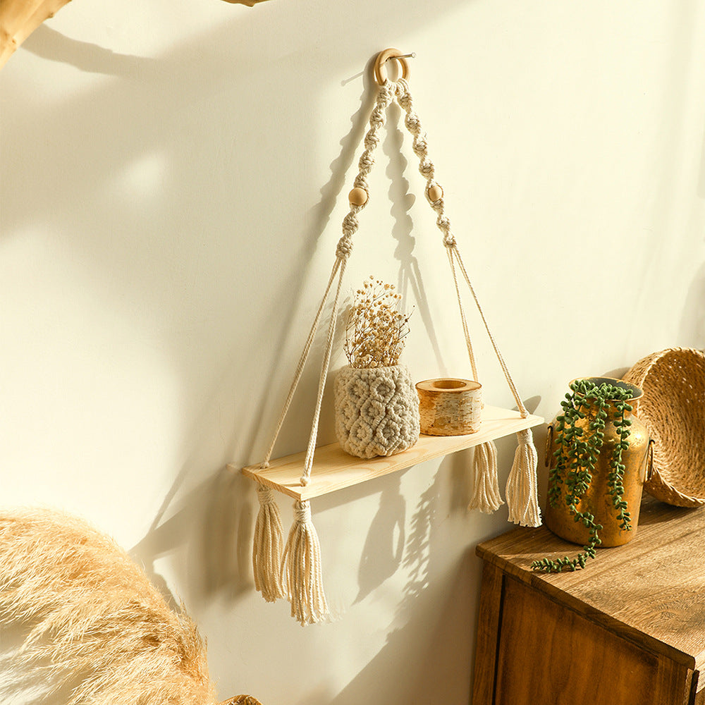 Boho macrame hanging wall shelf with wood beads and tassel