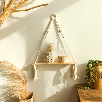 Boho macrame hanging wall shelf with wood beads and tassel